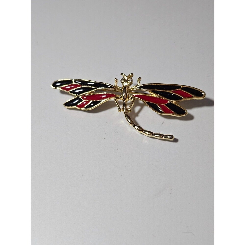 Gold tone colorful dragonfly brooch red black